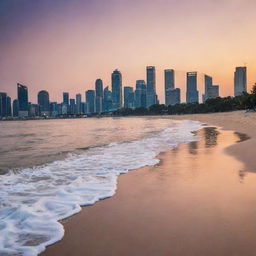 A scenic view of Jakarta city skyline with the beach in the foreground at sunset, the city lights reflecting on the peaceful sea.