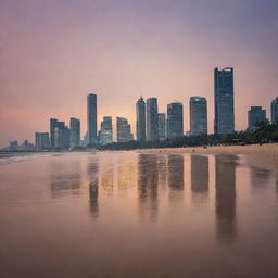 A scenic view of Jakarta city skyline with the beach in the foreground at sunset, the city lights reflecting on the peaceful sea.