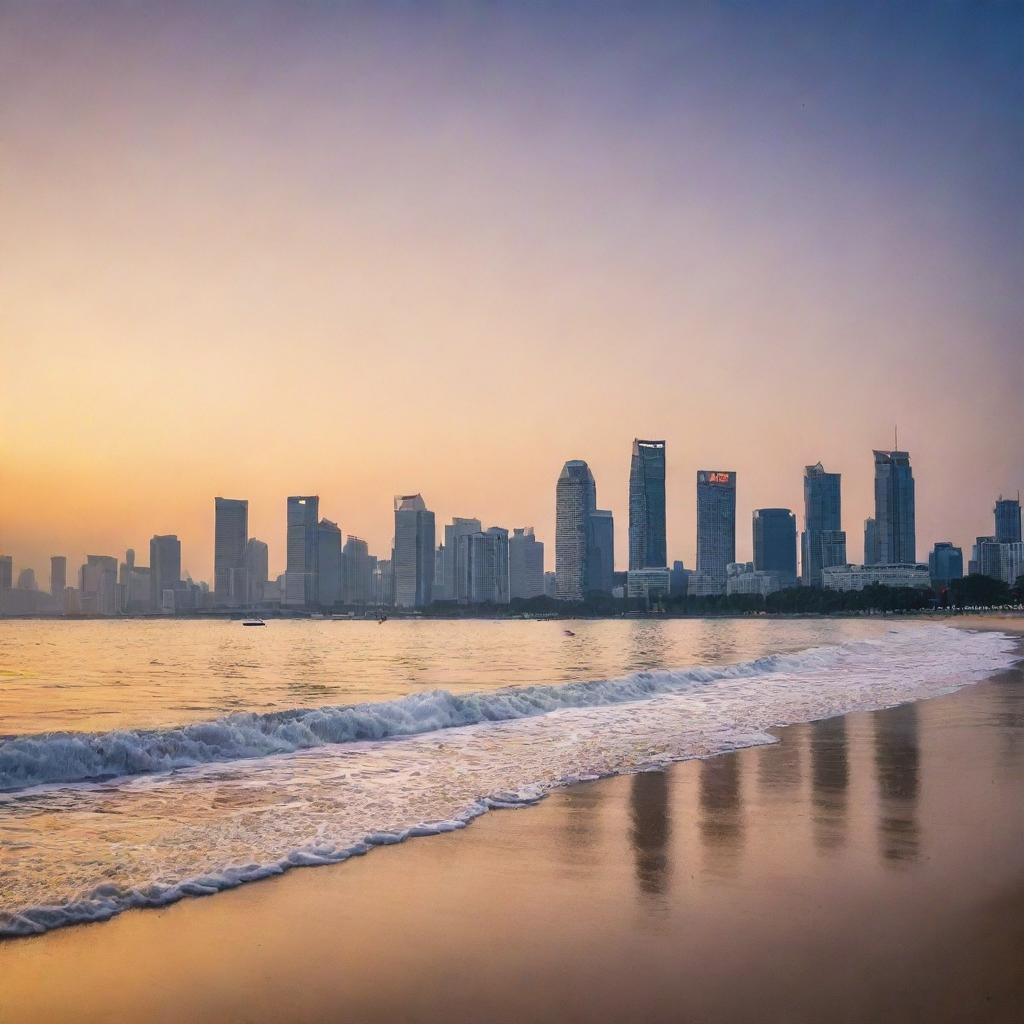 A scenic view of Jakarta city skyline with the beach in the foreground at sunset, the city lights reflecting on the peaceful sea.