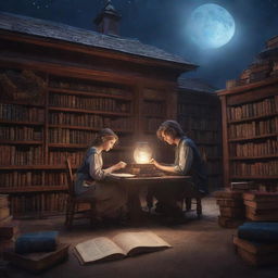 A giant fantasy library, brimming with otherworldly books and magical artifacts, glowing under moonlight. Inside, a handsome 21-year-old boy is lost in literature, sharing the space with a 20-year-old beautiful girl, her hair smooth and shiny, equally captured by her book.