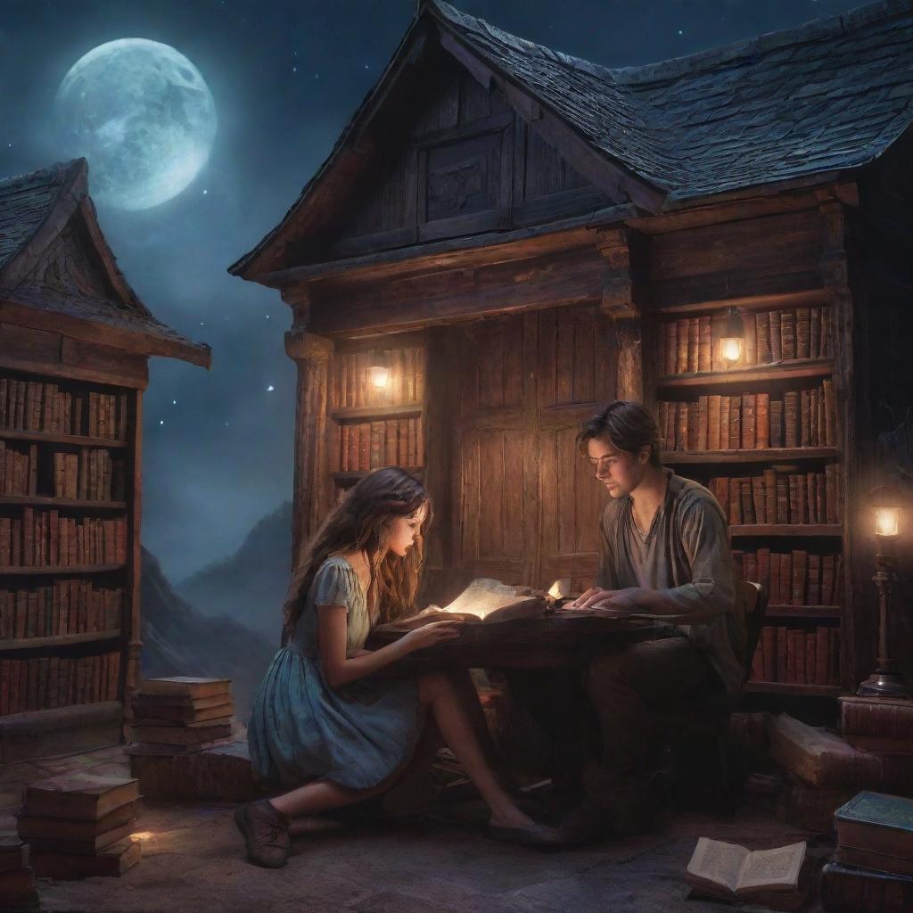 A giant fantasy library, brimming with otherworldly books and magical artifacts, glowing under moonlight. Inside, a handsome 21-year-old boy is lost in literature, sharing the space with a 20-year-old beautiful girl, her hair smooth and shiny, equally captured by her book.