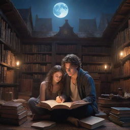 A giant fantasy library, brimming with otherworldly books and magical artifacts, glowing under moonlight. Inside, a handsome 21-year-old boy is lost in literature, sharing the space with a 20-year-old beautiful girl, her hair smooth and shiny, equally captured by her book.