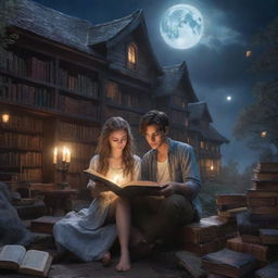 A giant fantasy library, brimming with otherworldly books and magical artifacts, glowing under moonlight. Inside, a handsome 21-year-old boy is lost in literature, sharing the space with a 20-year-old beautiful girl, her hair smooth and shiny, equally captured by her book.