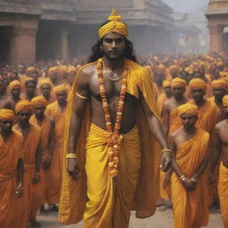 Lord Rama, with dark skin, dressed in yellow clothes, making his grand return to the Ayodhya Ram Temple.