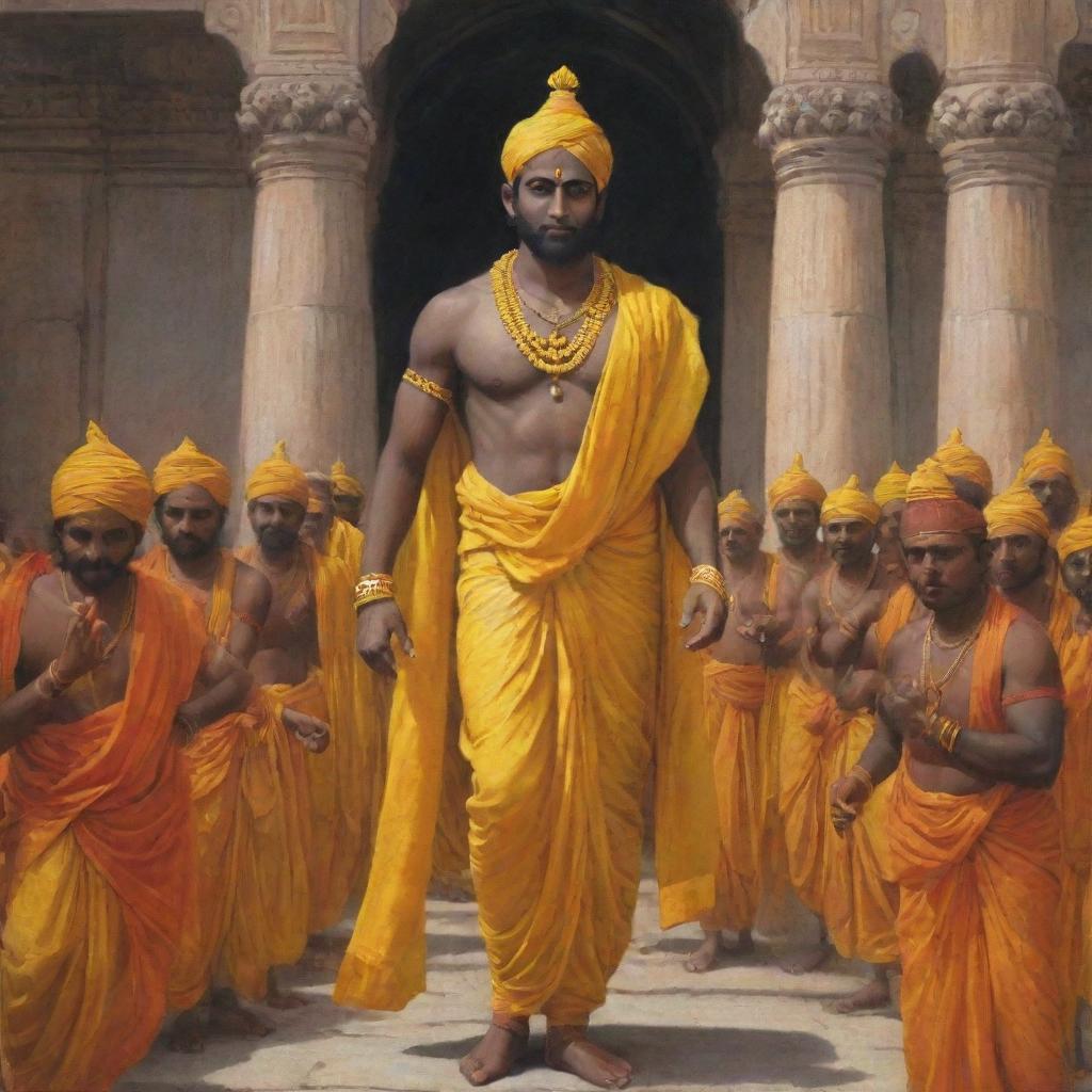 Lord Rama, with dark skin, dressed in yellow clothes, making his grand return to the Ayodhya Ram Temple.