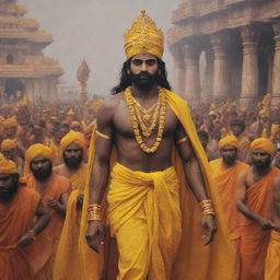 Lord Rama, with dark skin, dressed in yellow clothes, making his grand return to the Ayodhya Ram Temple.