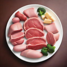 A high-quality digital art image showing various types of meat, such as beef, chicken, and fish, beautifully arranged on a plate