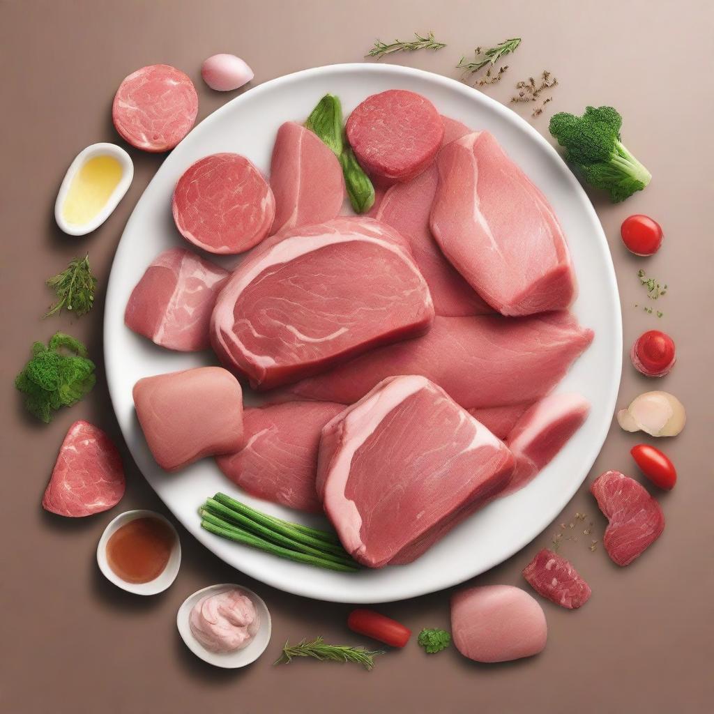 A high-quality digital art image showing various types of meat, such as beef, chicken, and fish, beautifully arranged on a plate