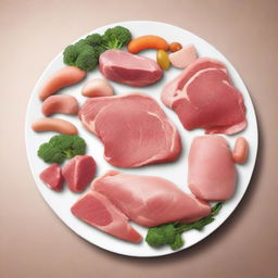 A high-quality digital art image showing various types of meat, such as beef, chicken, and fish, beautifully arranged on a plate