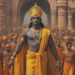 Lord Rama, with dark skin, dressed in yellow clothes, making his grand return to the Ayodhya Ram Temple.