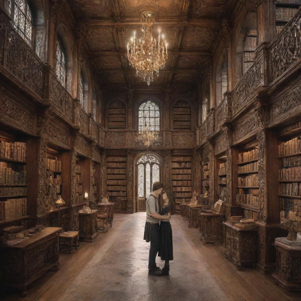 A grand fantasy library filled with tall, ornate bookshelves. Within the library, a 21-year-old boy and a 20-year-old girl with smooth hair explore the vast collection of books.