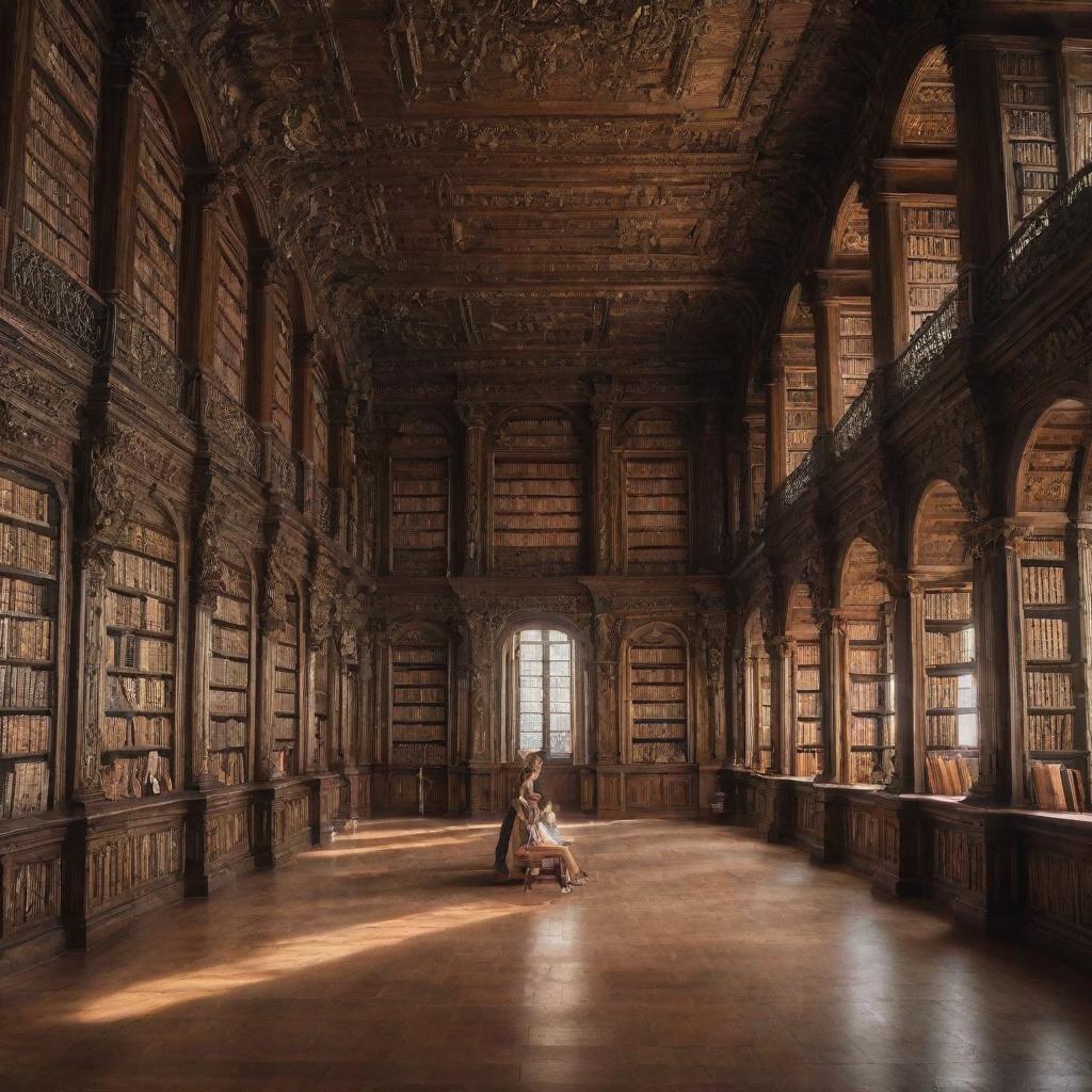 A grand fantasy library filled with tall, ornate bookshelves. Within the library, a 21-year-old boy and a 20-year-old girl with smooth hair explore the vast collection of books.