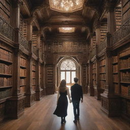 A grand fantasy library filled with tall, ornate bookshelves. Within the library, a 21-year-old boy and a 20-year-old girl with smooth hair explore the vast collection of books.