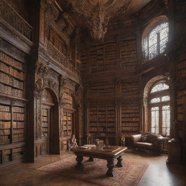 A grand fantasy library filled with tall, ornate bookshelves. Within the library, a 21-year-old boy and a 20-year-old girl with smooth hair explore the vast collection of books.