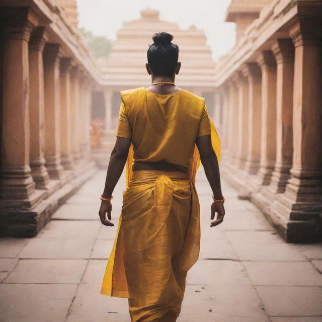 Artistic, aesthetic image of Lord Rama, viewed from behind, wearing yellow clothes as he steps solemnly into the Ayodhya Ram Temple.