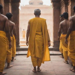 Artistic, aesthetic image of Lord Rama, viewed from behind, wearing yellow clothes as he steps solemnly into the Ayodhya Ram Temple.