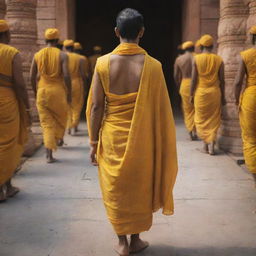 Artistic, aesthetic image of Lord Rama, viewed from behind, wearing yellow clothes as he steps solemnly into the Ayodhya Ram Temple.