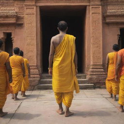 Artistic, aesthetic image of Lord Rama, viewed from behind, wearing yellow clothes as he steps solemnly into the Ayodhya Ram Temple.