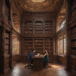 A lavish fantasy library with towering, intricate bookshelves. Inside, a 21-year-old boy and a beautiful 20-year-old girl, who has smooth, glossy hair, are engrossed in the extensive book collection.