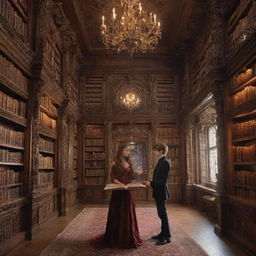 A lavish fantasy library with towering, intricate bookshelves. Inside, a 21-year-old boy and a beautiful 20-year-old girl, who has smooth, glossy hair, are engrossed in the extensive book collection.