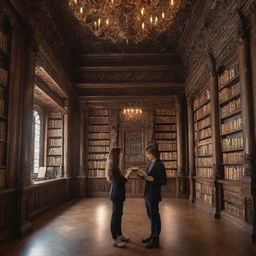 A lavish fantasy library with towering, intricate bookshelves. Inside, a 21-year-old boy and a beautiful 20-year-old girl, who has smooth, glossy hair, are engrossed in the extensive book collection.