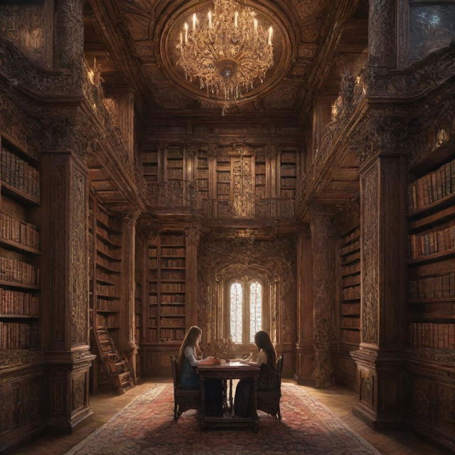 A lavish fantasy library with towering, intricate bookshelves. Inside, a 21-year-old boy and a beautiful 20-year-old girl, who has smooth, glossy hair, are engrossed in the extensive book collection.