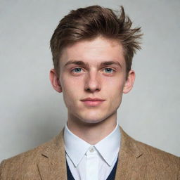 Portrait of a 21 year old British male, displaying characteristic facial features, stylishly dressed in typical modern UK fashion.