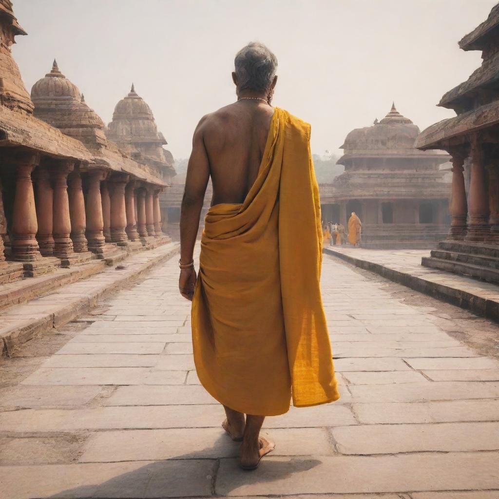 Aesthetic image of Lord Rama in yellow clothes from behind, walking into the Ayodhya Ram Temple with the temple in full view.