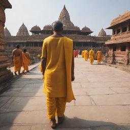 Aesthetic image of Lord Rama in yellow clothes from behind, walking into the Ayodhya Ram Temple with the temple in full view.