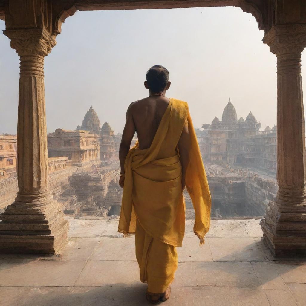 Aesthetic image of Lord Rama in yellow clothes from behind, walking into the Ayodhya Ram Temple with the temple in full view.