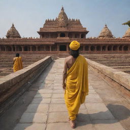 Aesthetic image of Lord Rama in yellow clothes from behind, walking into the Ayodhya Ram Temple with the temple in full view.