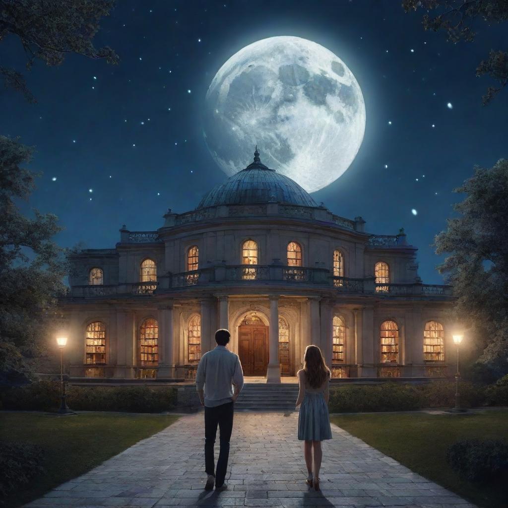 A large fantasy library bathed in soft moonlight, housing a 21-year-old boy and a lovely 20-year-old girl with sleek hair. Outside the library, the night sky presents a brilliant, glowing moon.