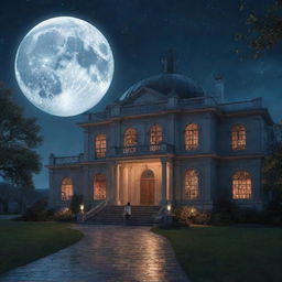 A large fantasy library bathed in soft moonlight, housing a 21-year-old boy and a lovely 20-year-old girl with sleek hair. Outside the library, the night sky presents a brilliant, glowing moon.