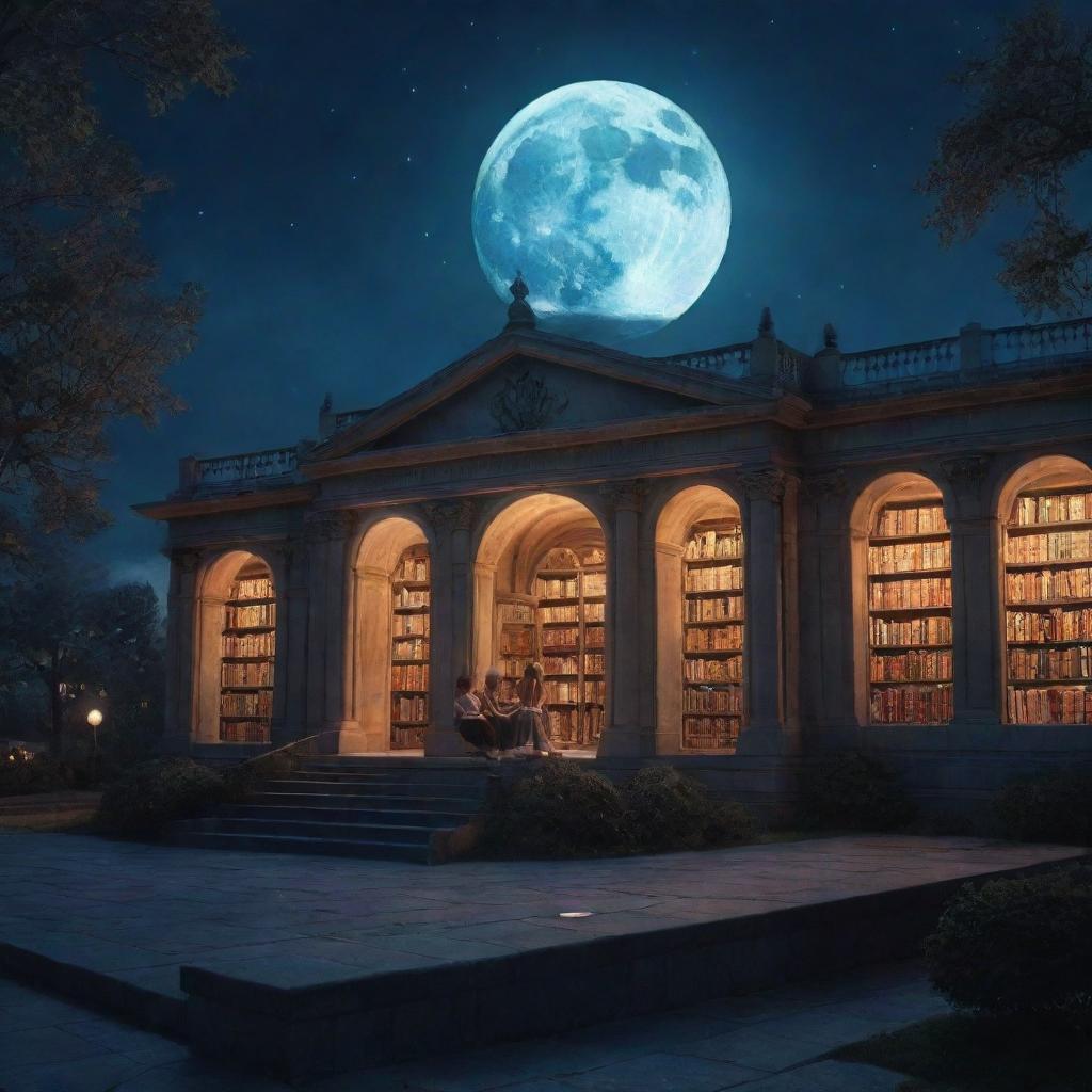 A large fantasy library bathed in soft moonlight, housing a 21-year-old boy and a lovely 20-year-old girl with sleek hair. Outside the library, the night sky presents a brilliant, glowing moon.