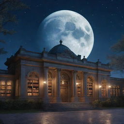 A large fantasy library bathed in soft moonlight, housing a 21-year-old boy and a lovely 20-year-old girl with sleek hair. Outside the library, the night sky presents a brilliant, glowing moon.