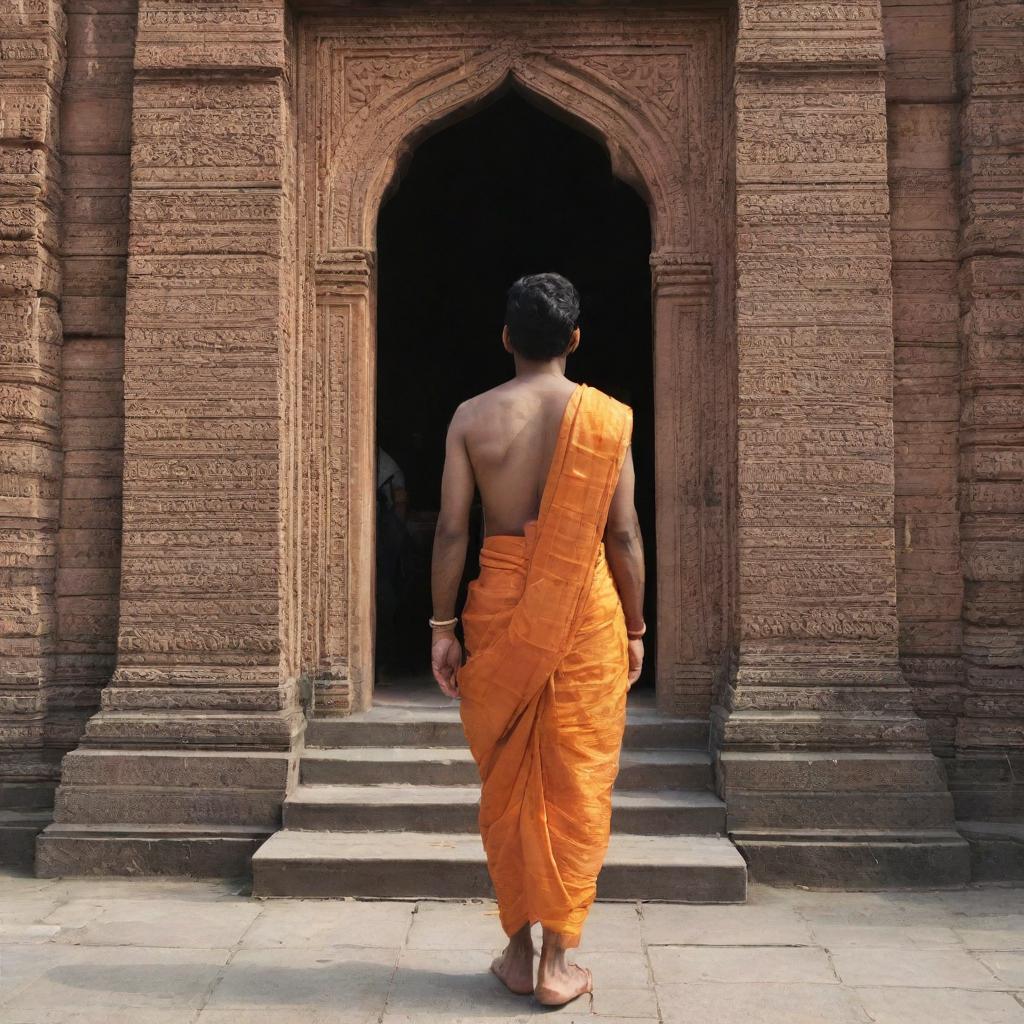 Back view of Lord Rama entering the architectural marvel- Ayodhya Ram Temple, encapsulating an aesthetic and serene ambiance.