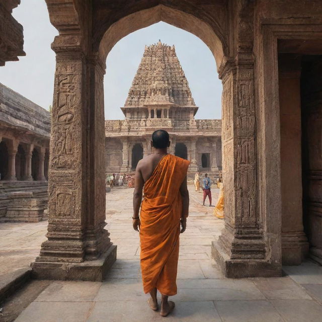 Back view of Lord Rama entering the architectural marvel- Ayodhya Ram Temple, encapsulating an aesthetic and serene ambiance.