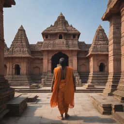 Back view of Lord Rama entering the architectural marvel- Ayodhya Ram Temple, encapsulating an aesthetic and serene ambiance.