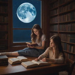 Imaginative, large library filled with a 21-year-old boy, a beautiful 20-year-old girl with silky, smooth hair, both engrossed in their books under the gentle glow of a mesmerizing moon.