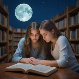 Imaginative, large library filled with a 21-year-old boy, a beautiful 20-year-old girl with silky, smooth hair, both engrossed in their books under the gentle glow of a mesmerizing moon.