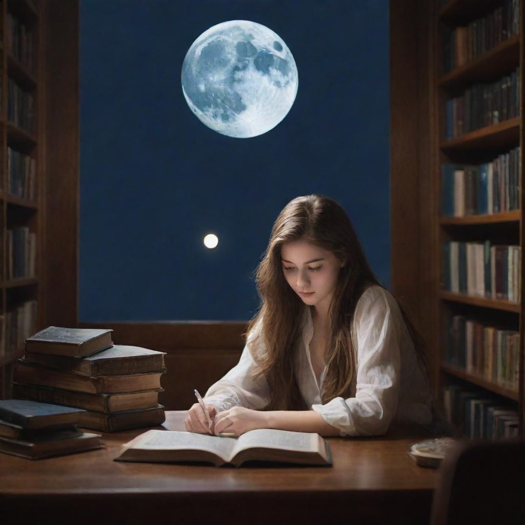 Imaginative, large library filled with a 21-year-old boy, a beautiful 20-year-old girl with silky, smooth hair, both engrossed in their books under the gentle glow of a mesmerizing moon.