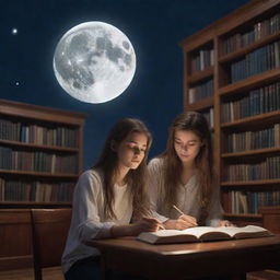 Imaginative, large library filled with a 21-year-old boy, a beautiful 20-year-old girl with silky, smooth hair, both engrossed in their books under the gentle glow of a mesmerizing moon.