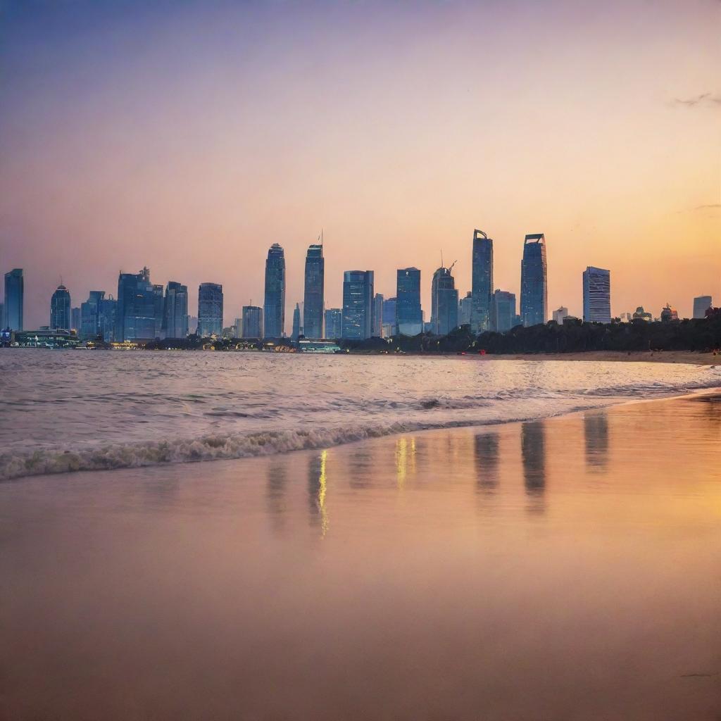 High definition scenic view of Jakarta city skyline with the beach in the foreground at sunset, the city lights reflecting on the calm sea.