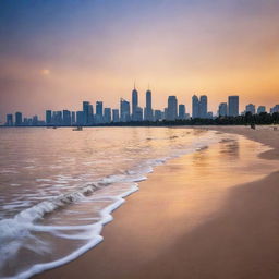 High definition scenic view of Jakarta city skyline with the beach in the foreground at sunset, the city lights reflecting on the calm sea.