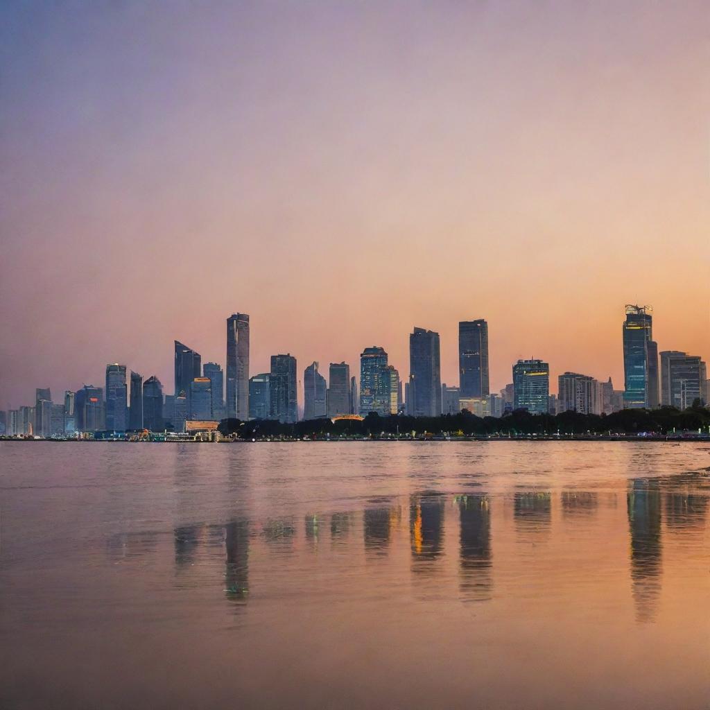 High definition scenic view of Jakarta city skyline with the beach in the foreground at sunset, the city lights reflecting on the calm sea.