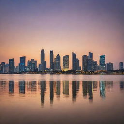 High definition scenic view of Jakarta city skyline with the beach in the foreground at sunset, the city lights reflecting on the calm sea.