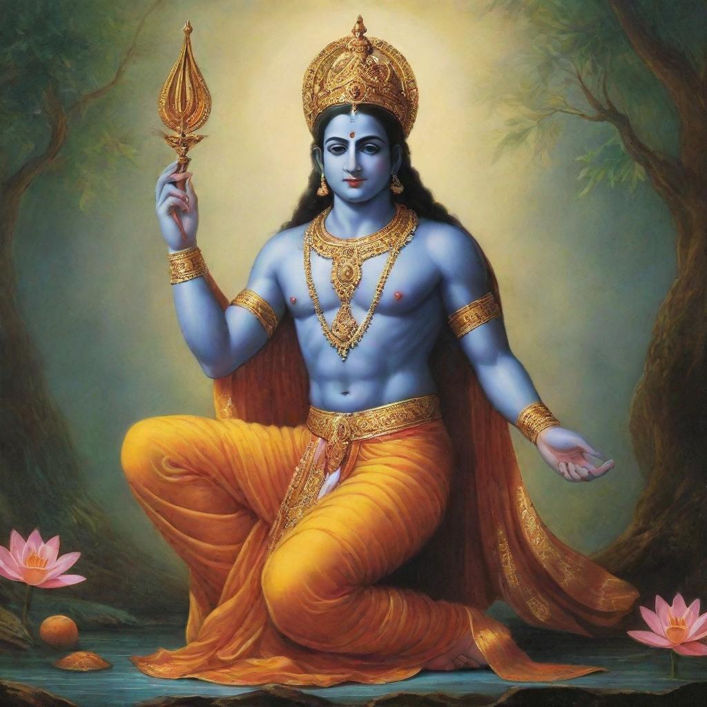 Aesthetic, artistic representation of Lord Rama imbued with tranquility and divine grace.