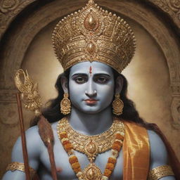 A detailed, lifelike image featuring Lord Rama, showcasing his divine grace and royal attire.