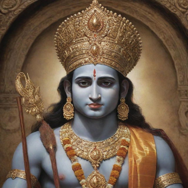 A detailed, lifelike image featuring Lord Rama, showcasing his divine grace and royal attire.