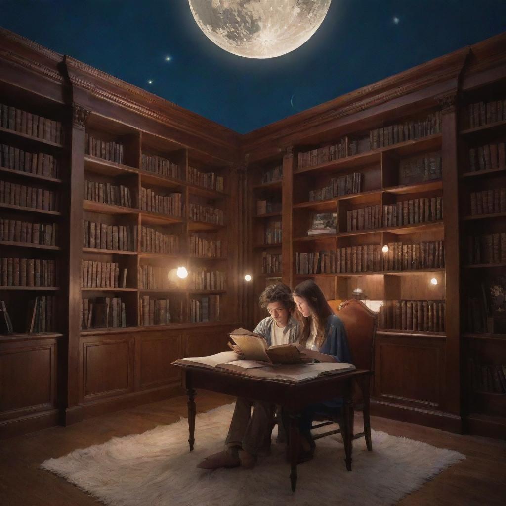 A whimsical library with high bookshelves, spotlights illuminating the room and a sloppy-haired boy alongside a beautiful girl with silky smooth hair, reading under a radiant moon's glow.